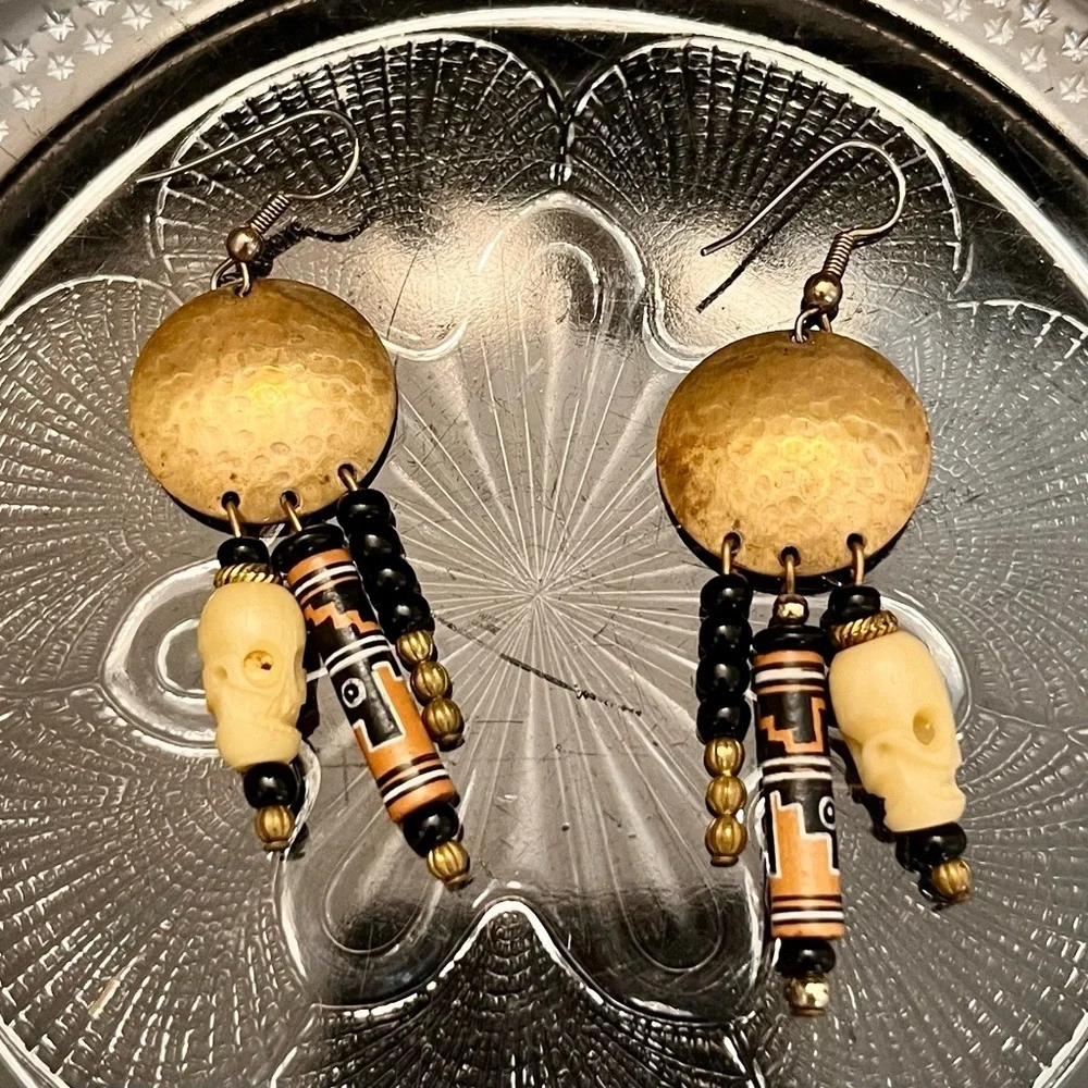 Peruvian Handmade Boho Tribal Skull Dangle Earrings Mixed Media Gold Black